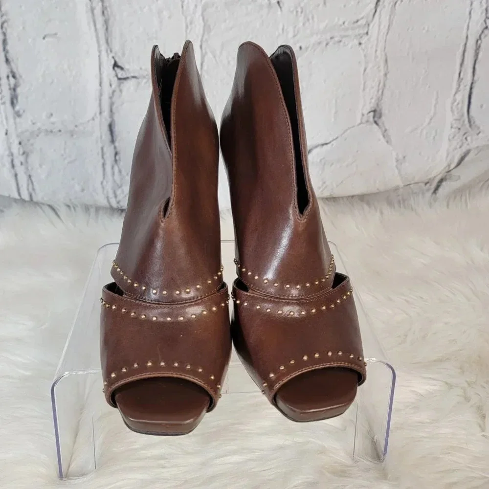 FRANCO SARTO Brown High Heel Booties Zipper Ankle Boot Leather 8M Shoe Peep‎ Toe
